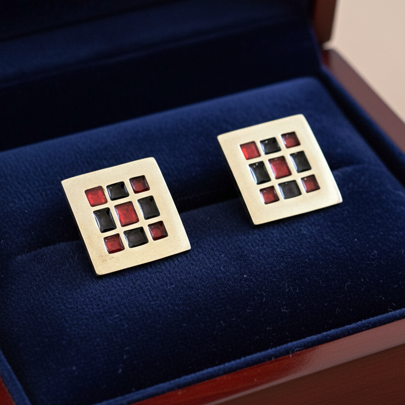Handmade tetragonal silver earrings  with red and black enamel - Katerina Roukouna