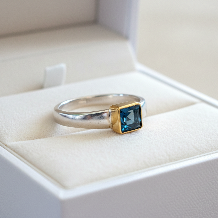 Handmade 18K and sterling silver ring with blue topaz - Katerina Roukouna