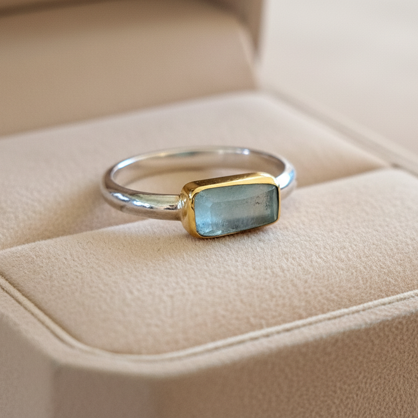 Handmade 18K and sterling silver ring with raw aquamarine