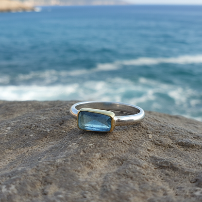 Handmade 18K and sterling silver ring with raw aquamarine