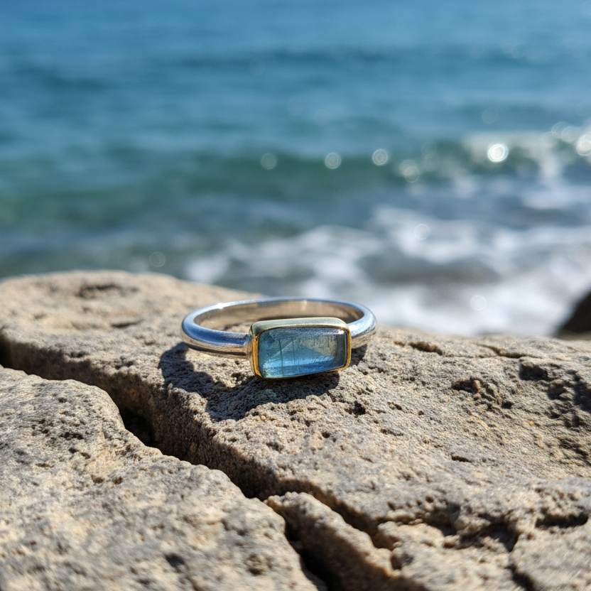 Handmade 18K and sterling silver ring with raw aquamarine