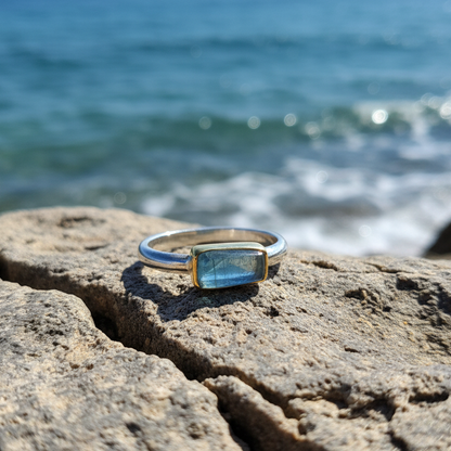 Handmade 18K and sterling silver ring with raw aquamarine