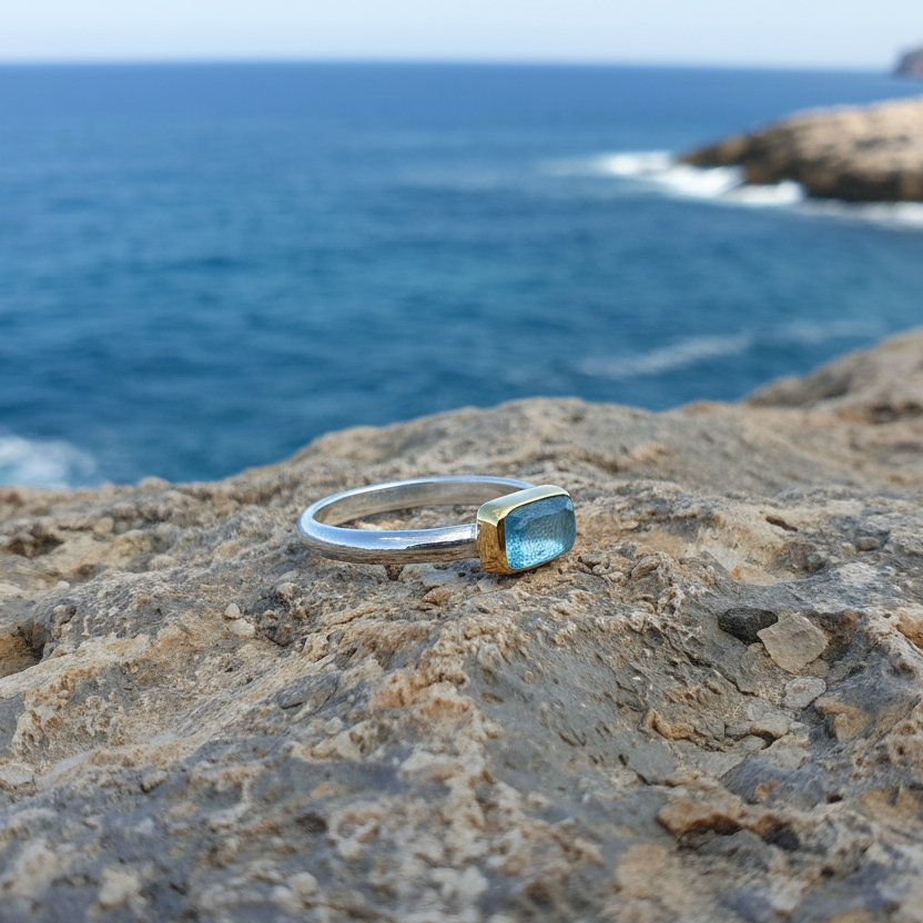 Handmade 18K and sterling silver ring with raw aquamarine
