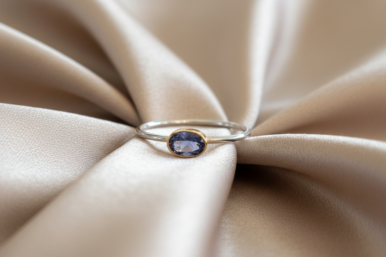 Handmade 18K and sterling silver ring with oval iolite - Katerina Roukouna