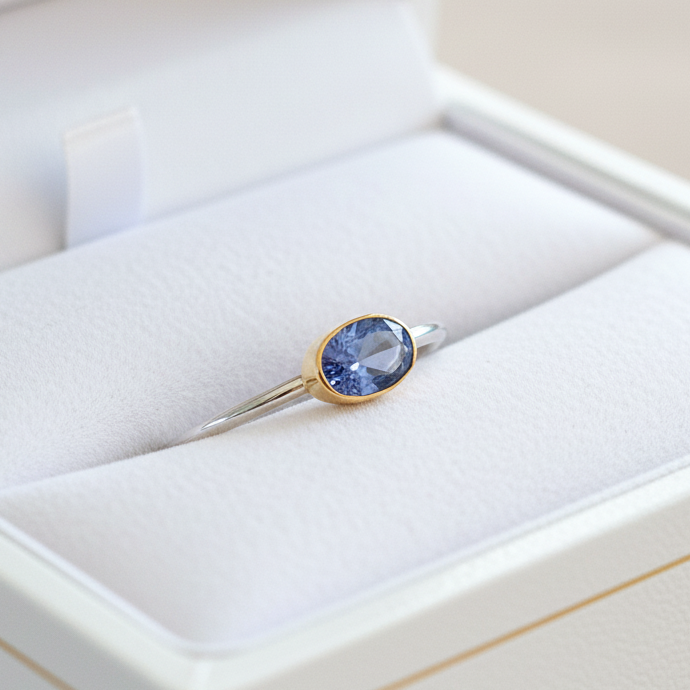 Handmade 18K and sterling silver ring with oval iolite - Katerina Roukouna