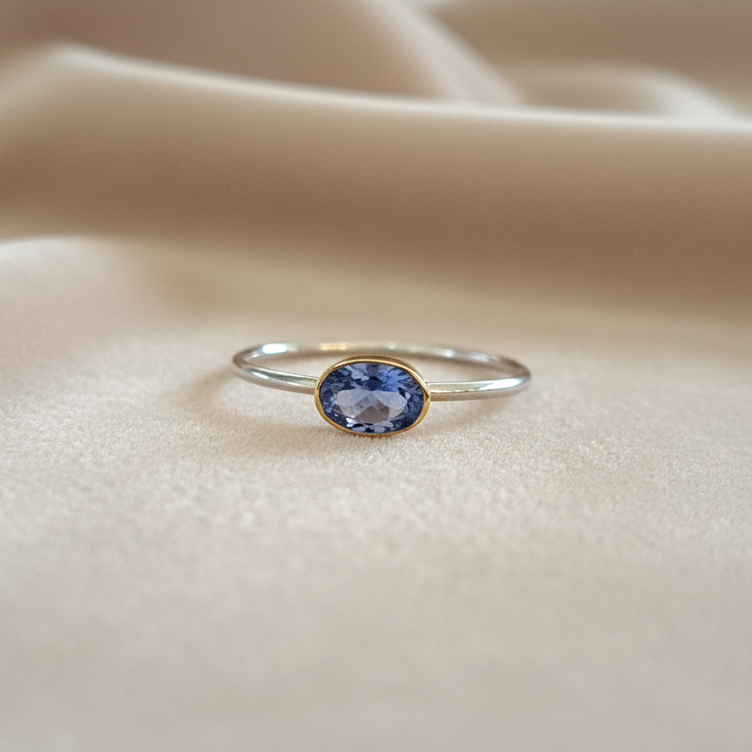 Handmade 18K and sterling silver ring with oval iolite - Katerina Roukouna