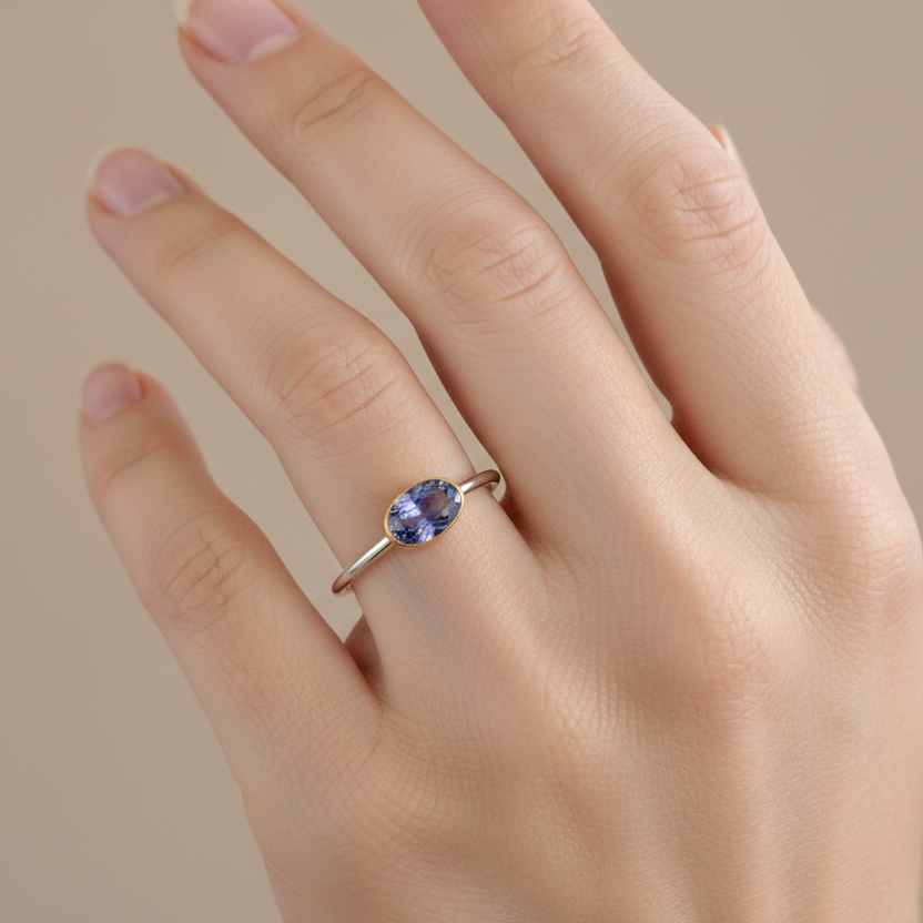 Handmade 18K and sterling silver ring with oval iolite - Katerina Roukouna