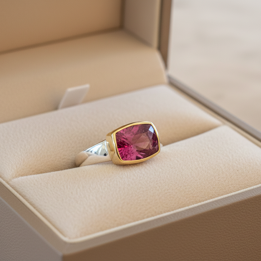 Handmade 18K and sterling silver ring with pink tourmaline