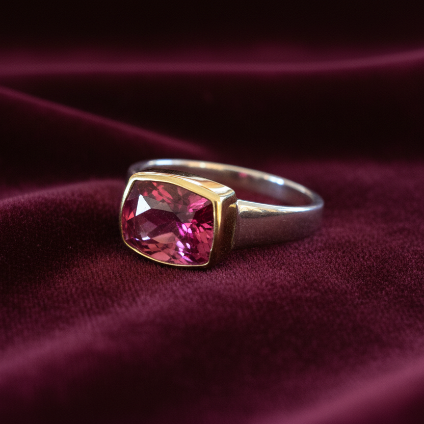 Handmade 18K and sterling silver ring with pink tourmaline