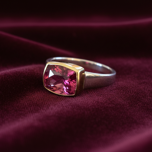 Handmade 18K and sterling silver ring with pink tourmaline