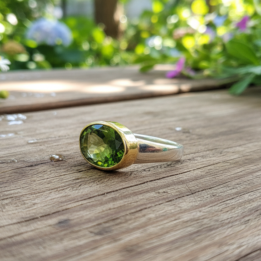 Handmade 18K and sterling silver ring with oval peridot