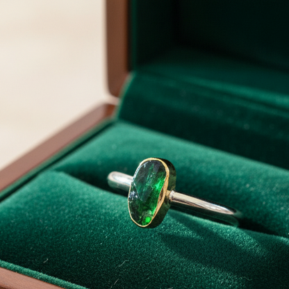 Handmade 18K gold and sterling silver ring with raw green tourmaline - Katerina Roukouna
