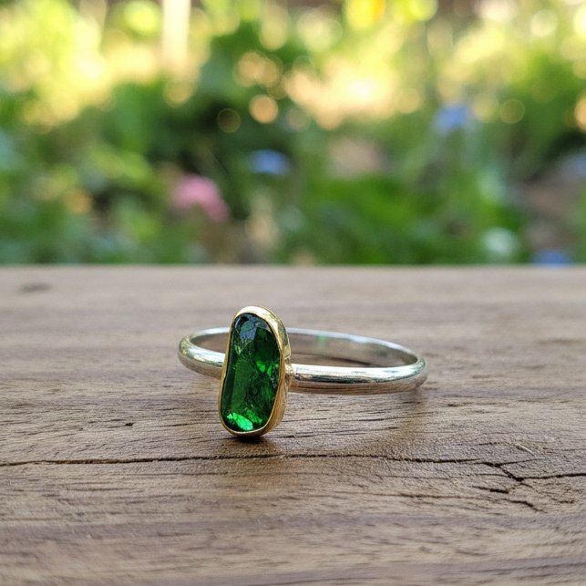 Handmade 18K gold and sterling silver ring with raw green tourmaline - Katerina Roukouna