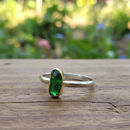 Handmade 18K gold and sterling silver ring with raw green tourmaline - Katerina Roukouna