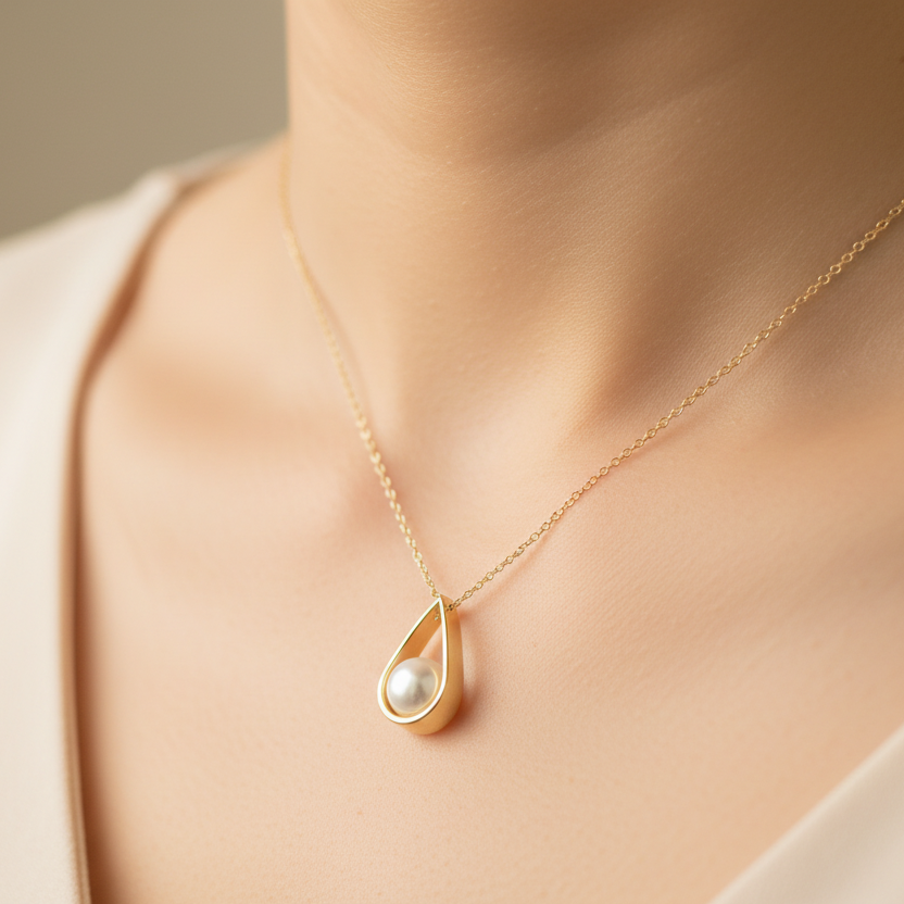 9K Gold  drop shaped pendant with  a pearl