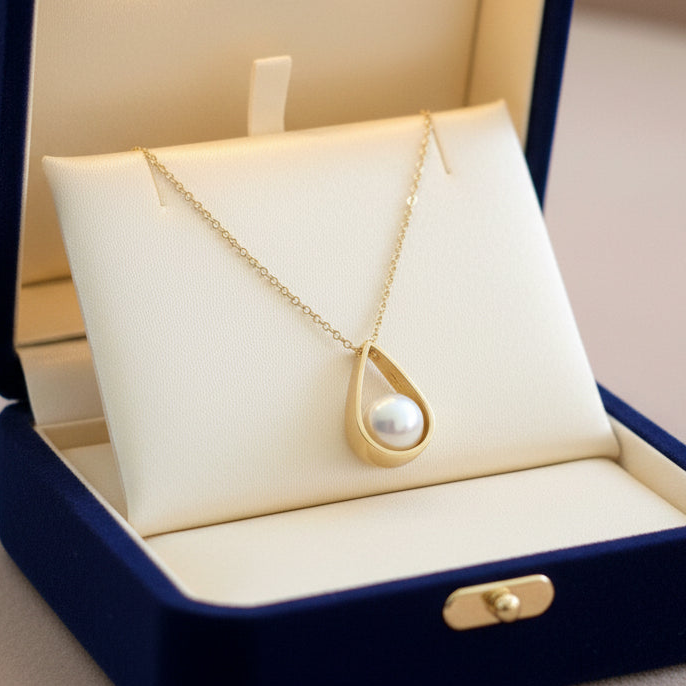 9K Gold  drop shaped pendant with  a pearl