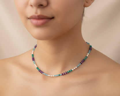 Handmade necklace with multi colored gems and sterling silver. - Katerina Roukouna