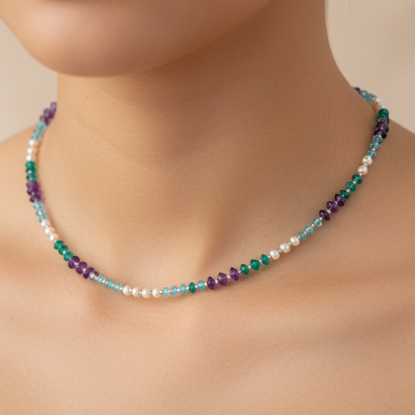 Handmade necklace with multi colored gems and sterling silver. - Katerina Roukouna