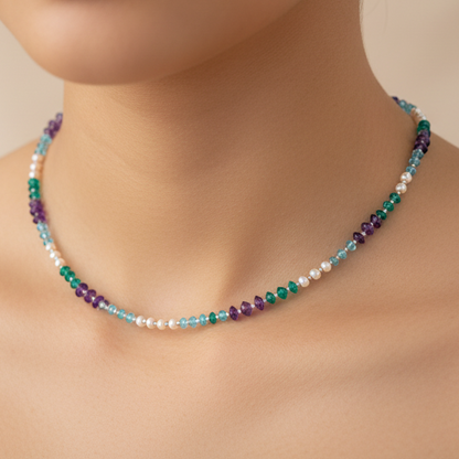 Handmade necklace with multi colored gems and sterling silver. - Katerina Roukouna