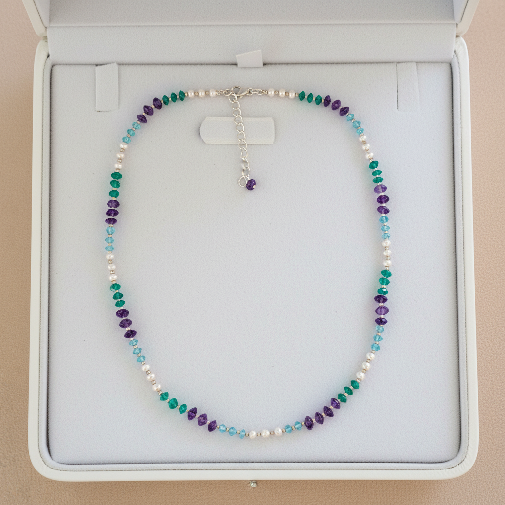 Handmade necklace with multi colored gems and sterling silver. - Katerina Roukouna