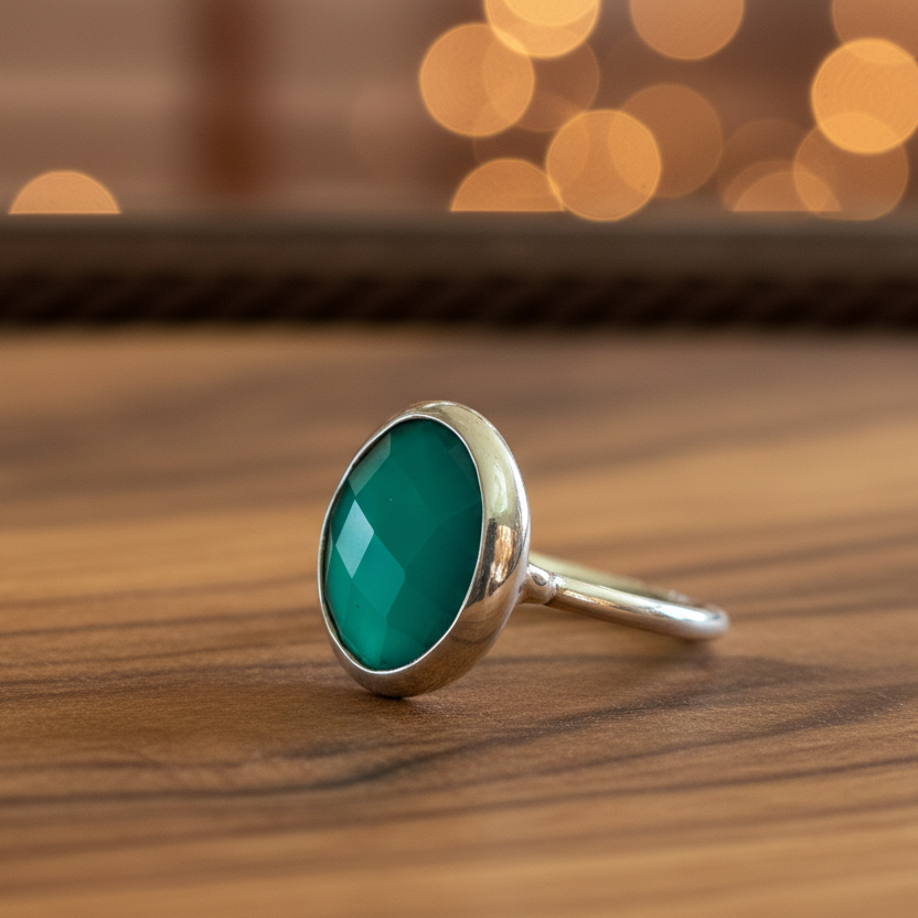 Handmade sterling silver ring with round green agate - Katerina Roukouna