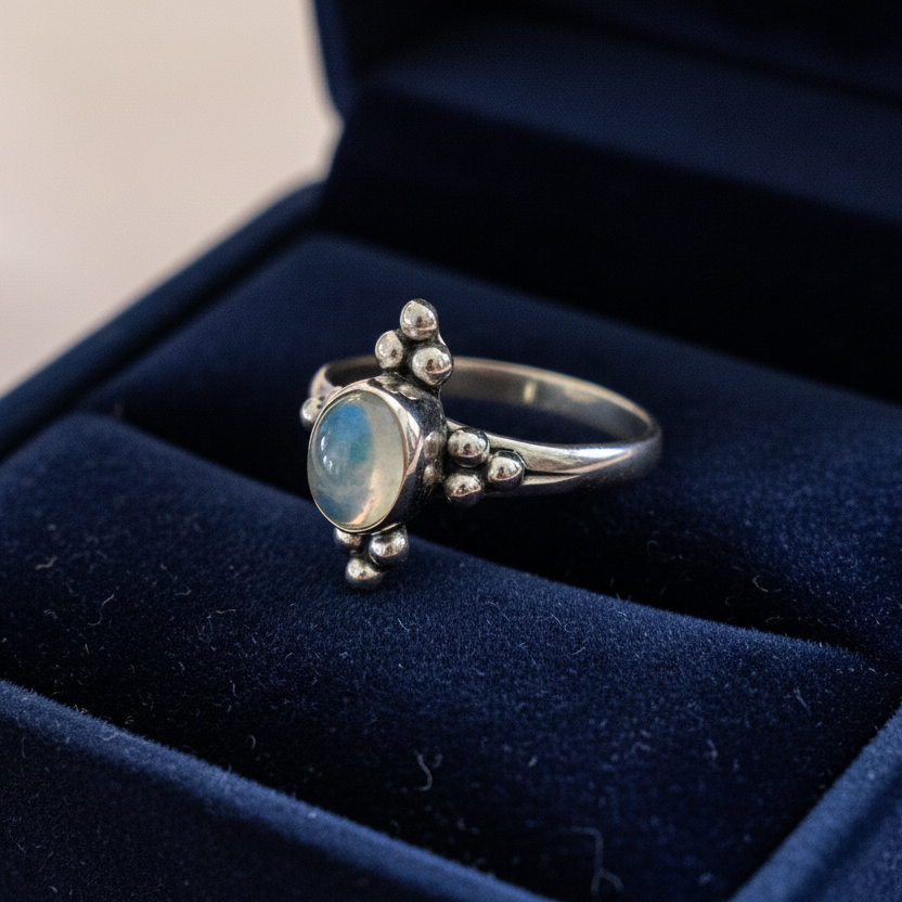 Handmade sterling silver ring with oval moonstone.