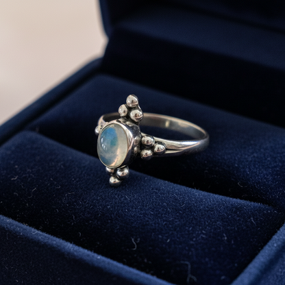 Handmade sterling silver ring with oval moonstone.