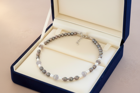 Handmade necklace with sterling silver, qrey and white pearls and grey agate. - Katerina Roukouna