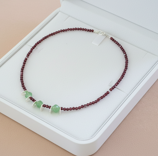 Handmade necklace with garners, green agates and sterling silver - Katerina Roukouna