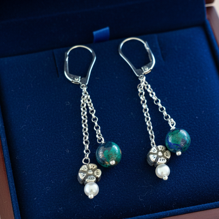 Sterling silver earrings with green agates, and pearls - Katerina Roukouna