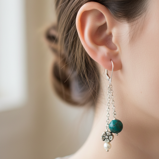 Sterling silver flower earrings with azourites and pearls