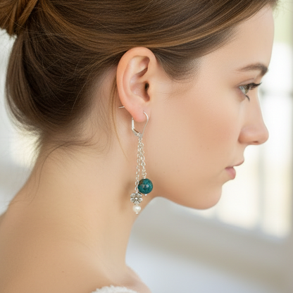 Sterling silver earrings with green agates, and pearls - Katerina Roukouna