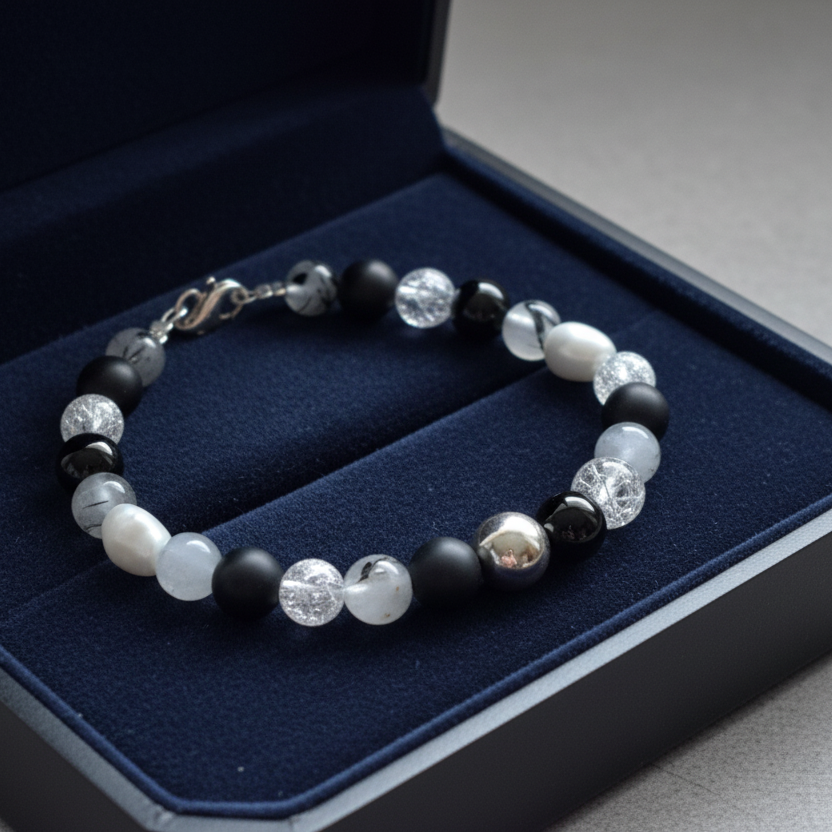 Handmade sterling silver bracelet with onyx, quartz,, agate and pearls - Katerina Roukouna
