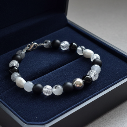 Handmade sterling silver bracelet with onyx, quartz,, agate and pearls - Katerina Roukouna