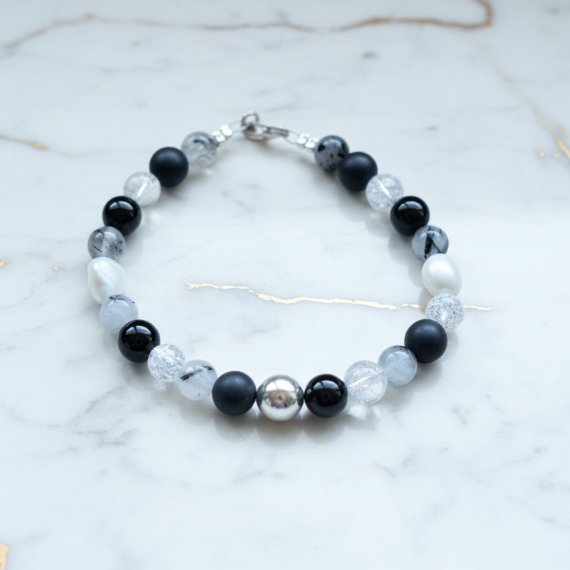Handmade sterling silver bracelet with onyx, quartz,, agate and pearls - Katerina Roukouna