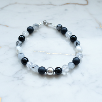 Handmade sterling silver bracelet with onyx, quartz,, agate and pearls - Katerina Roukouna