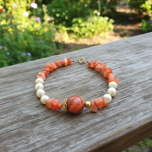Handmade bracelet with gold plated sterling silver coral, agates pearls and coral - Katerina Roukouna