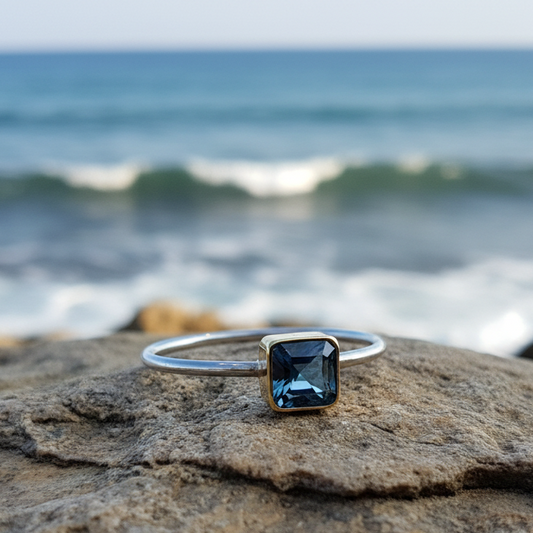 Handmade 18K gold and sterling silver ring with blue topaz - Katerina Roukouna