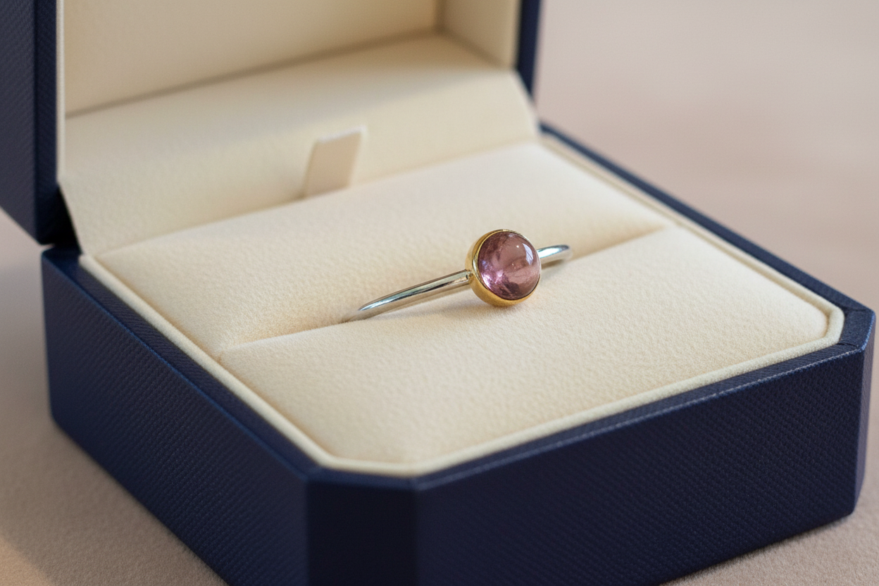 Handmade gold 18K ring with round  pink tourmaline - Katerina Roukouna
