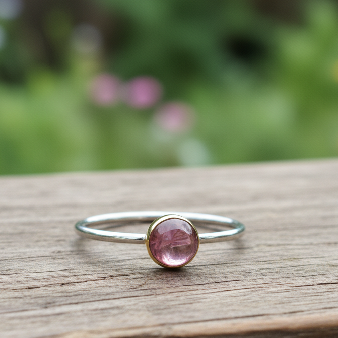 Handmade gold 18K ring with round  pink tourmaline - Katerina Roukouna
