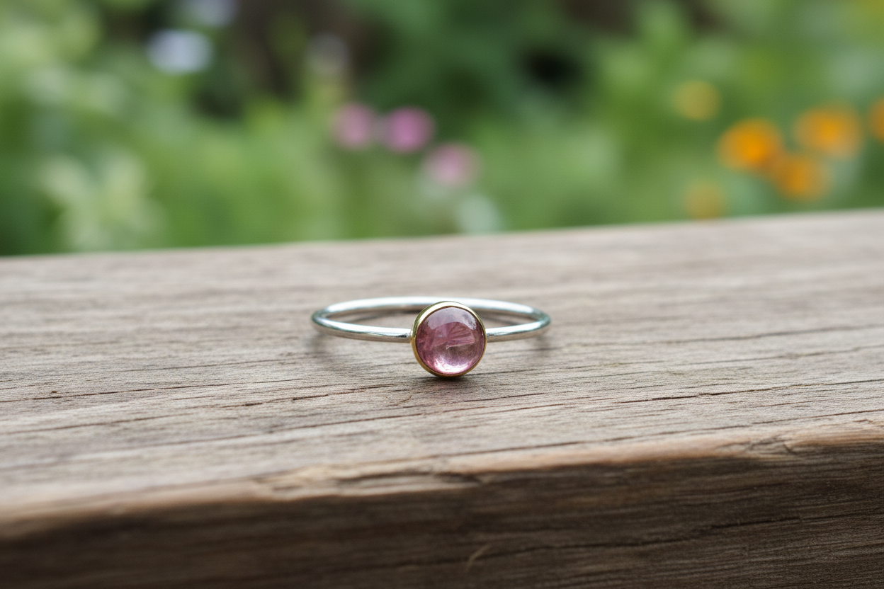 Handmade gold 18K ring with round  pink tourmaline - Katerina Roukouna