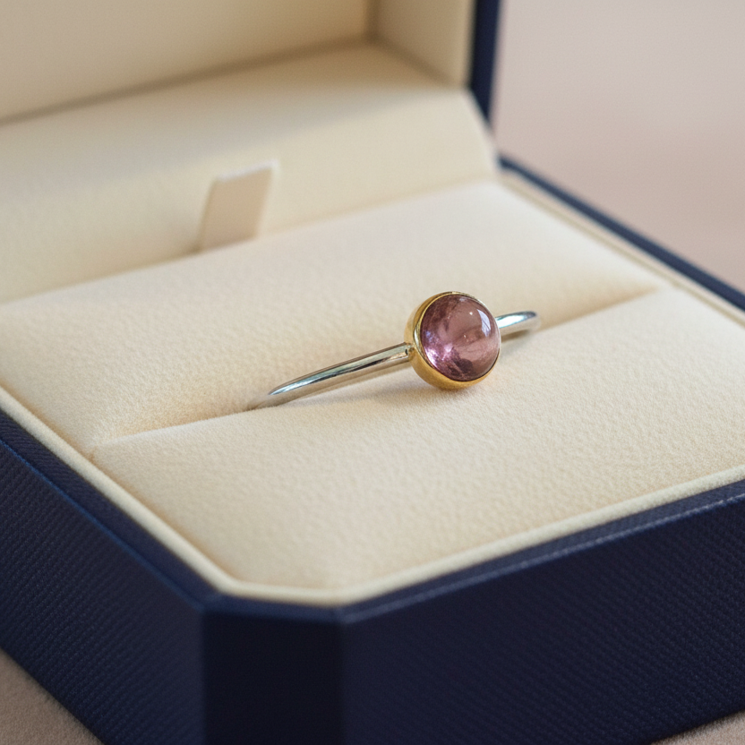 Handmade gold 18K ring with round  pink tourmaline - Katerina Roukouna