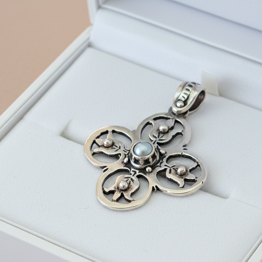 Sterling silver byzantine cross with a pearl - Katerina Roukouna