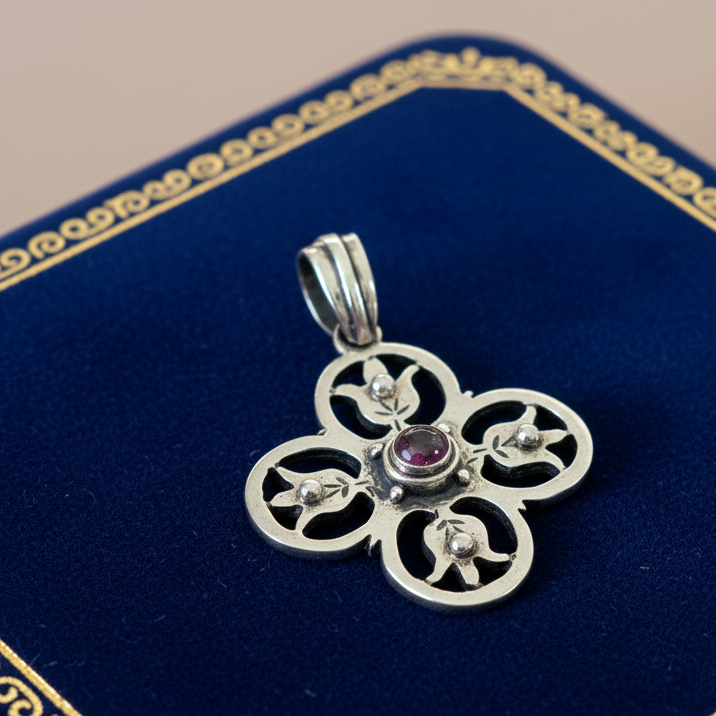 Sterling silver byzantine cross with garnet - Katerina Roukouna