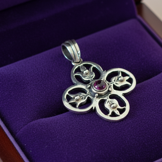 Sterling silver byzantine cross with garnet - Katerina Roukouna