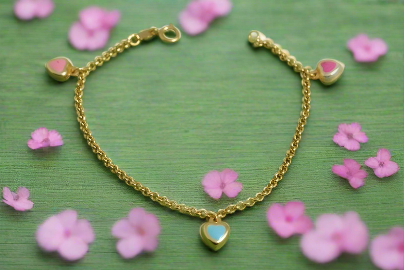 14K gold bracelet with three hearts  painted by eanmel one blue and two yellow