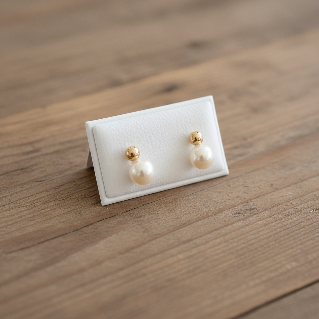 9K Gold Pair of pearl earrings on a white card .