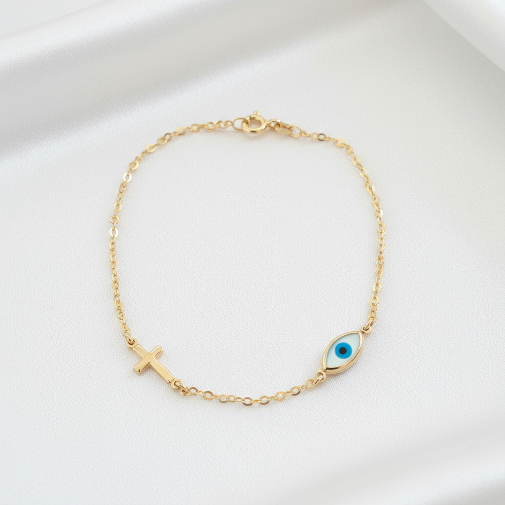 9K Gold bracelet with a cross and an evileye. - Katerina Roukouna