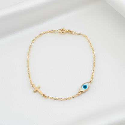 9K Gold bracelet with a cross and an evileye. - Katerina Roukouna