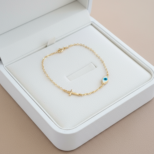 9K Gold bracelet with a cross and an evileye. - Katerina Roukouna